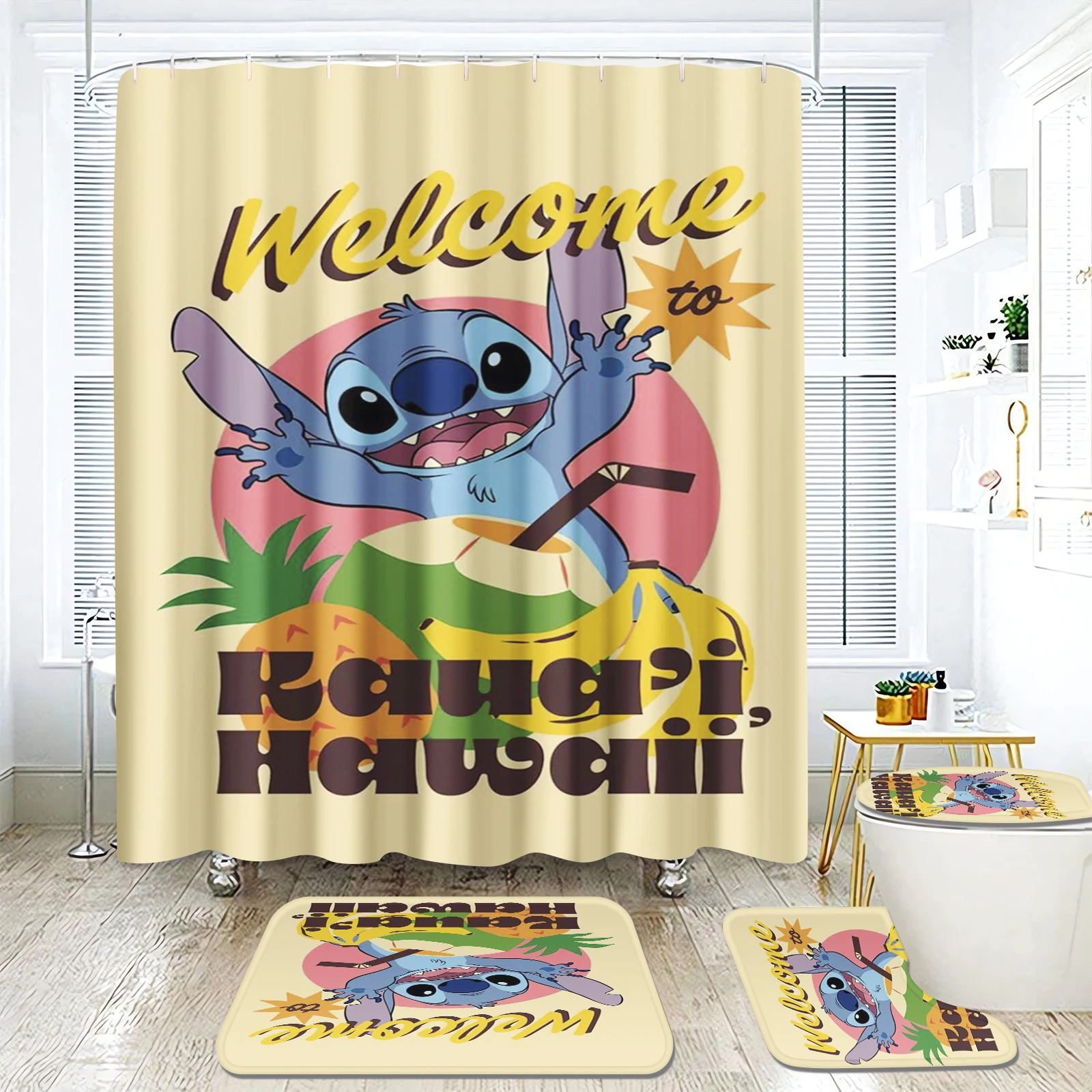 Stitch Disney 4 Piece Anime Cute curtain For Children Bathroom And Accessories Hook up Sets Luxury Decorations