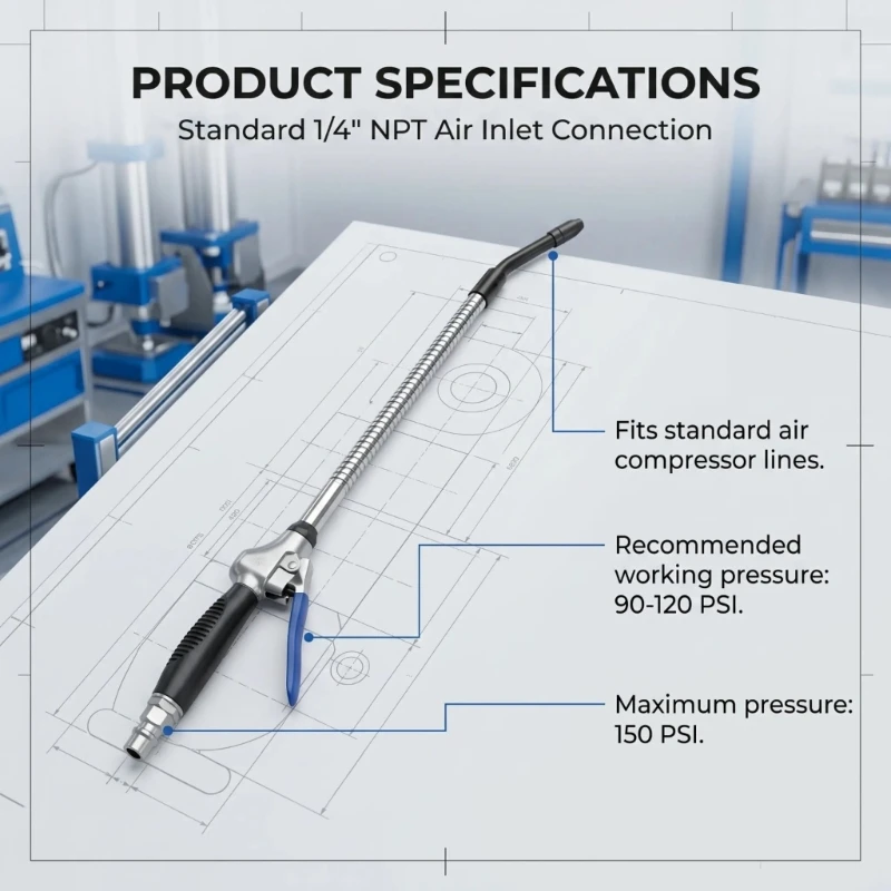 Metal Compressed Air Cleaning Tool with Extended Reach Tube, Angled Tip and Tail Air Fitting for Workshop Dust Removal D2RC