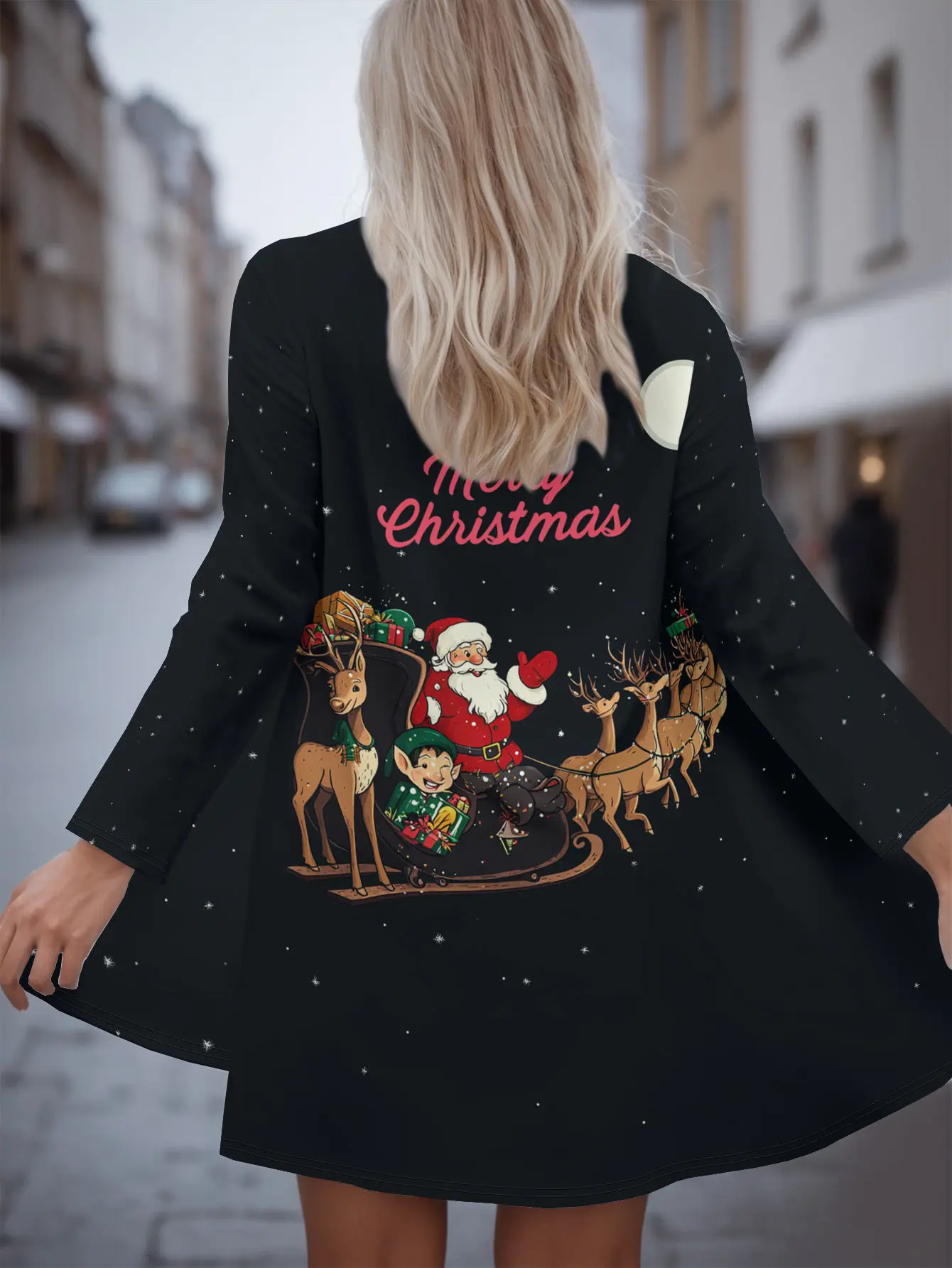 

Женский кардиган с 3D-сани Санта-Клауса, эластичная смесь с длинным рукавом, повседневный стиль с v-образным вырезом, праздничная праздничная одежда