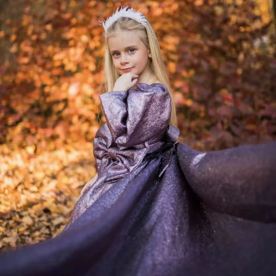 Vestidos Elegantes de manga larga para niña, vestidos de flores para boda, princesa brillante, fiesta de cumpleaños, vestidos de primera comunión con lazo, color púrpura, 2023