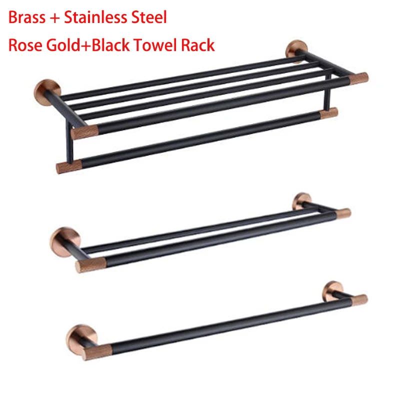 

Black Rose Gold Wall Mount Towel Rack Brass + SS Robe Hook Toilet Brush Paper Holder Towel Bar Rack Cup Holder Bathroom Set