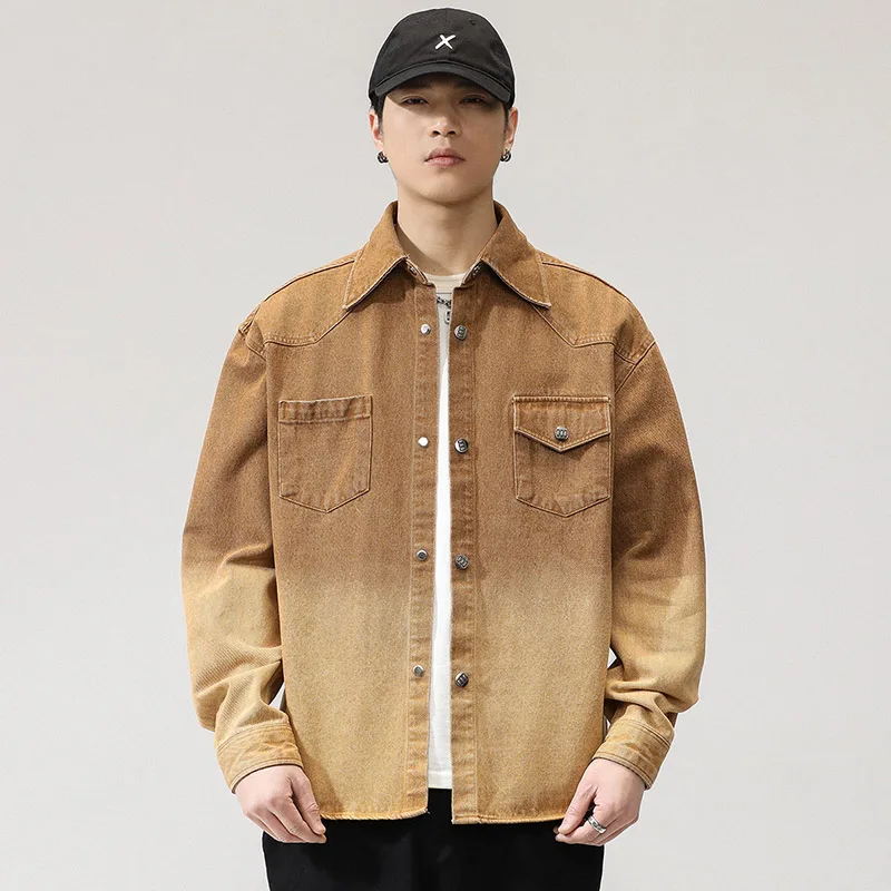 

American Sle Heavyweight Retro Long Sve Denim irt Men's Loose Hard Man Collar Workwear Jaet Trendy Autumn Cotton Blend