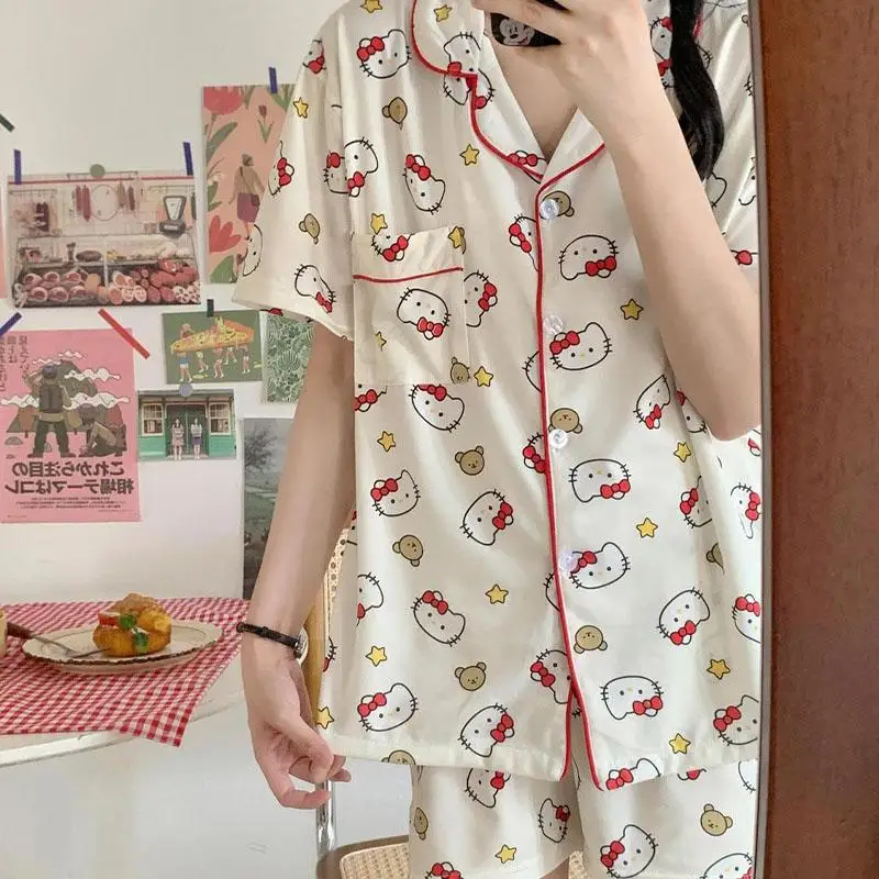 New Kawaii Hello Kittys Women's Pajamas Short Sleeve Shorts Suit Summer Girl Student Sleepwear Cute Sweet Home Clothe Sets Y2K