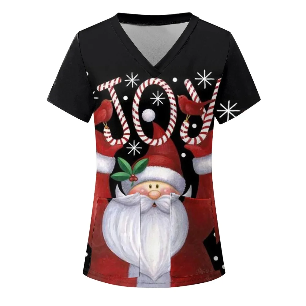 Women's Short Sleeve V-Neck Tops Funny Christmas Santa Claus Printed Working Blouse Nurse Healthcaring Uniform With Pocket