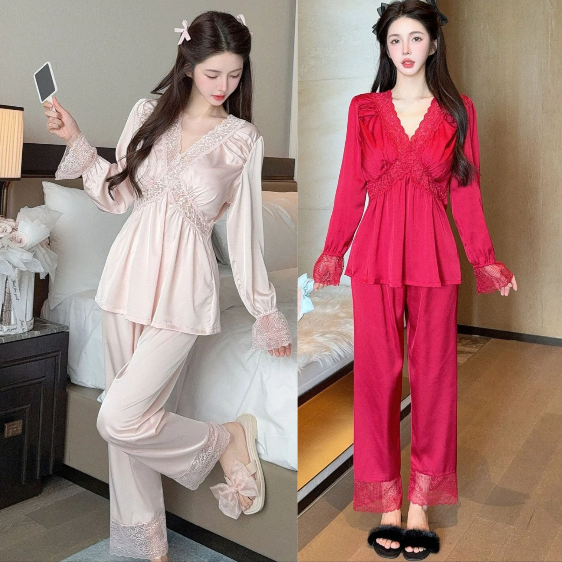 

Весенне-осенний кружевной пижамный комплект с V-образным вырезом для женщин, домашняя одежда, шелковистый атласный костюм для сна с длинными рукавами и брюками