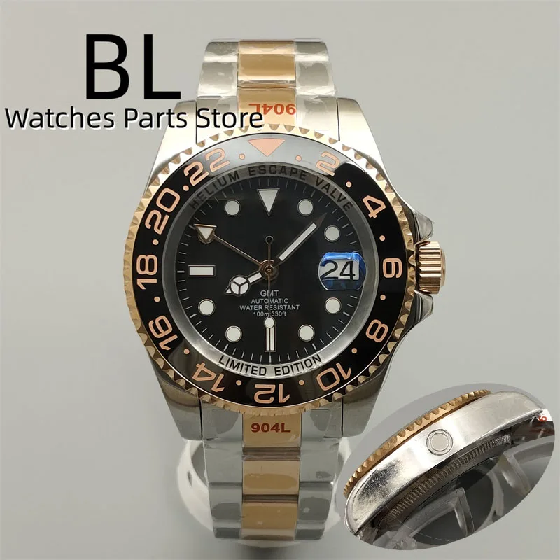 

BLIGER 43mm GMT Watch Automatic Silver Rose Case With Chapter Ring Black Dial AR Blue Sapphire Glass Magnified Date Waterproof