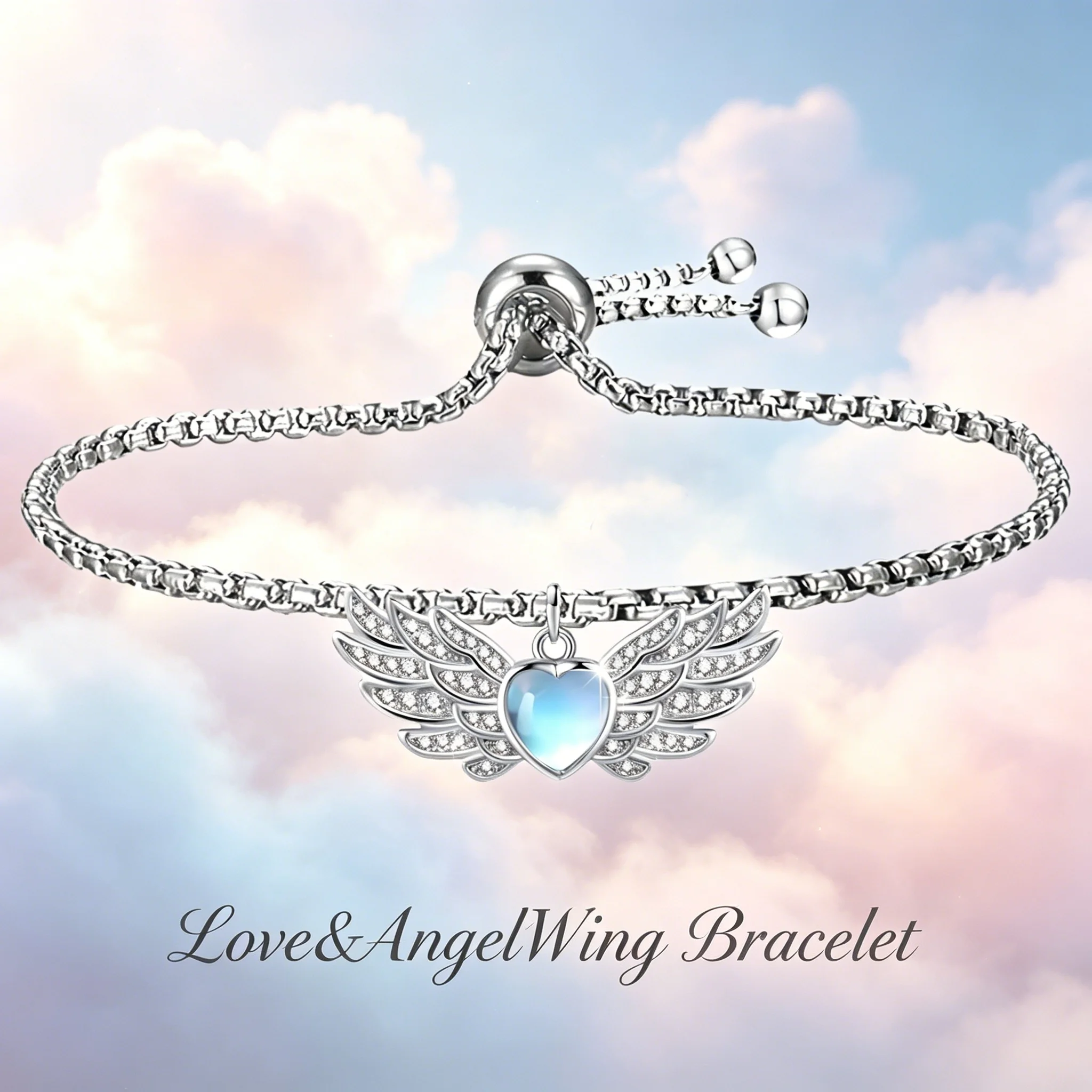 Love & Angel Wing Adjustable Bracelet Heart Shaped Blue Stone Women Casual Daily Elegant Romantic Jewelry Gift