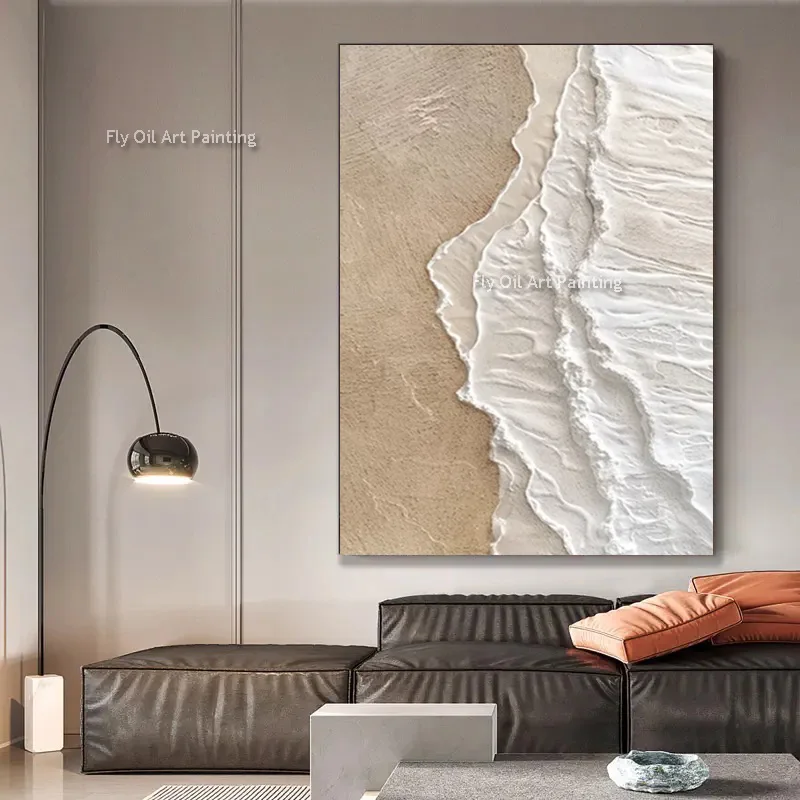 

Abstract Brown And White Seaside View Thick Cnavas Oil Painting Handmade Beige White Seawaves Wall Art Set Of Two Artwork Decor