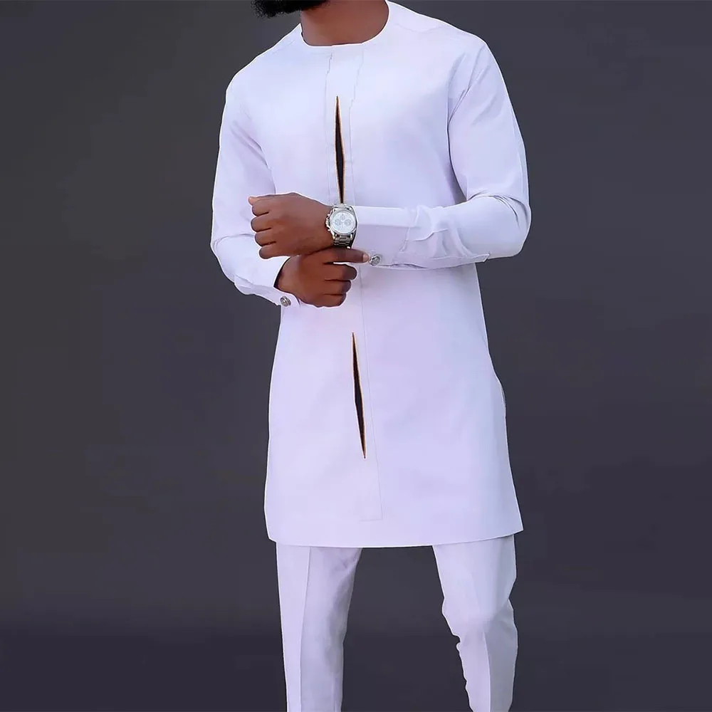 New In Dashiki 2 PCs White Set Abaya Men's Clothing Top Pant Set Long Sleeve Elegant Kaftan African Ethnic Style Round Neck Suit