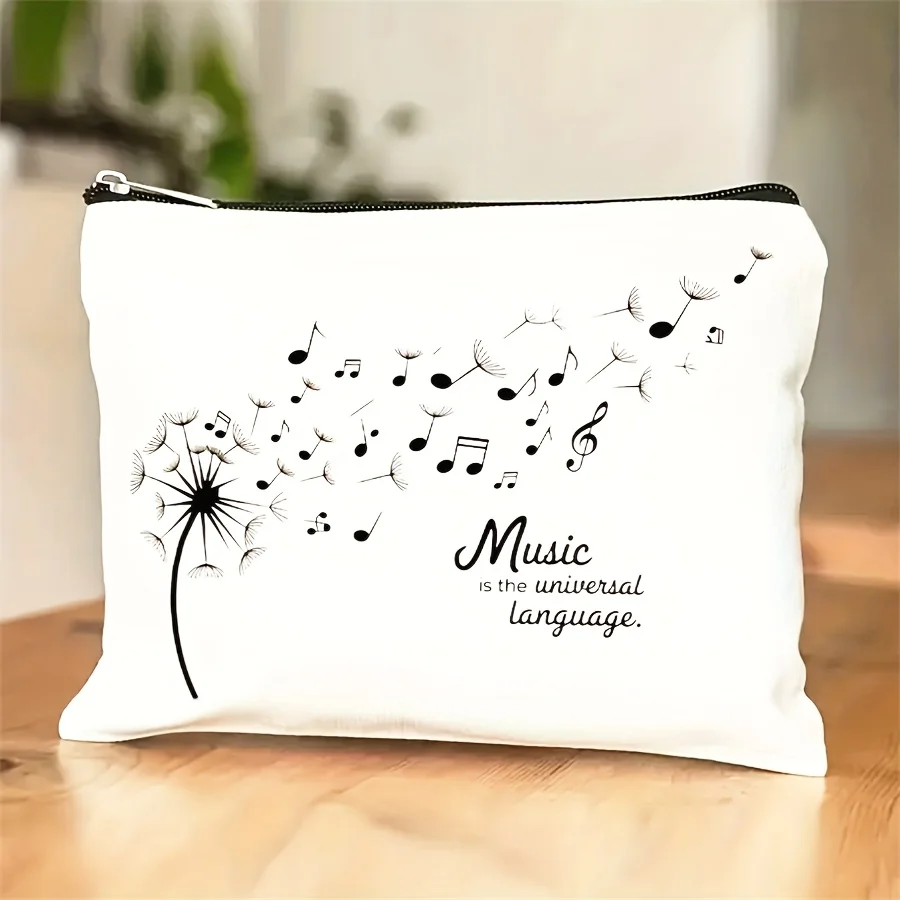 1pc Fashion Music Theme Inspirational Cosmetic Bag, White, Lightweight Polyester, Hand-Washable, Fade Resistant, Multifunctional
