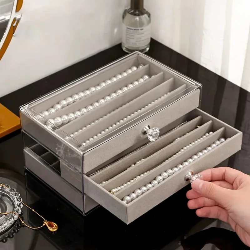 3-Layer Drawer Jewelry Box With Transparent Lid, Desktop Necklace Earring Display Storage Organizer, 1Pc