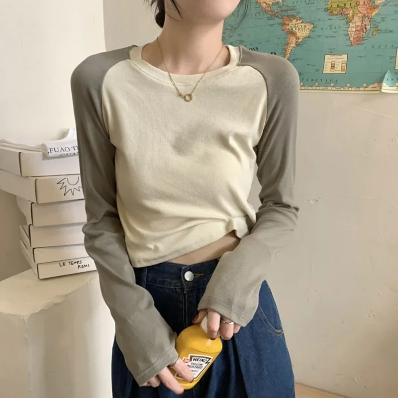 T-shirts Women Panelled Autumn Fashion Ulzzang Patchwork Slim Ins Popular Retro Inside Casual Streetwear Soft Harajuku All-match