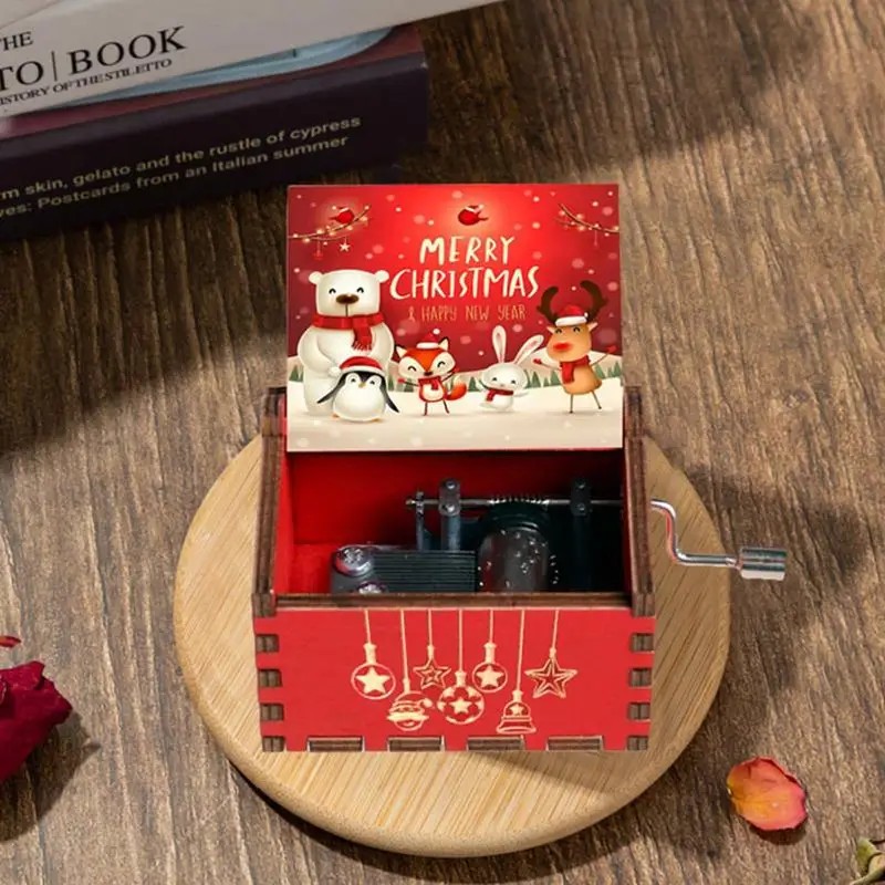 Wooden Hand Crank Music Box Merry Christmas Music Theme Vintage Music Box Halloween Christmas Birthday Gift