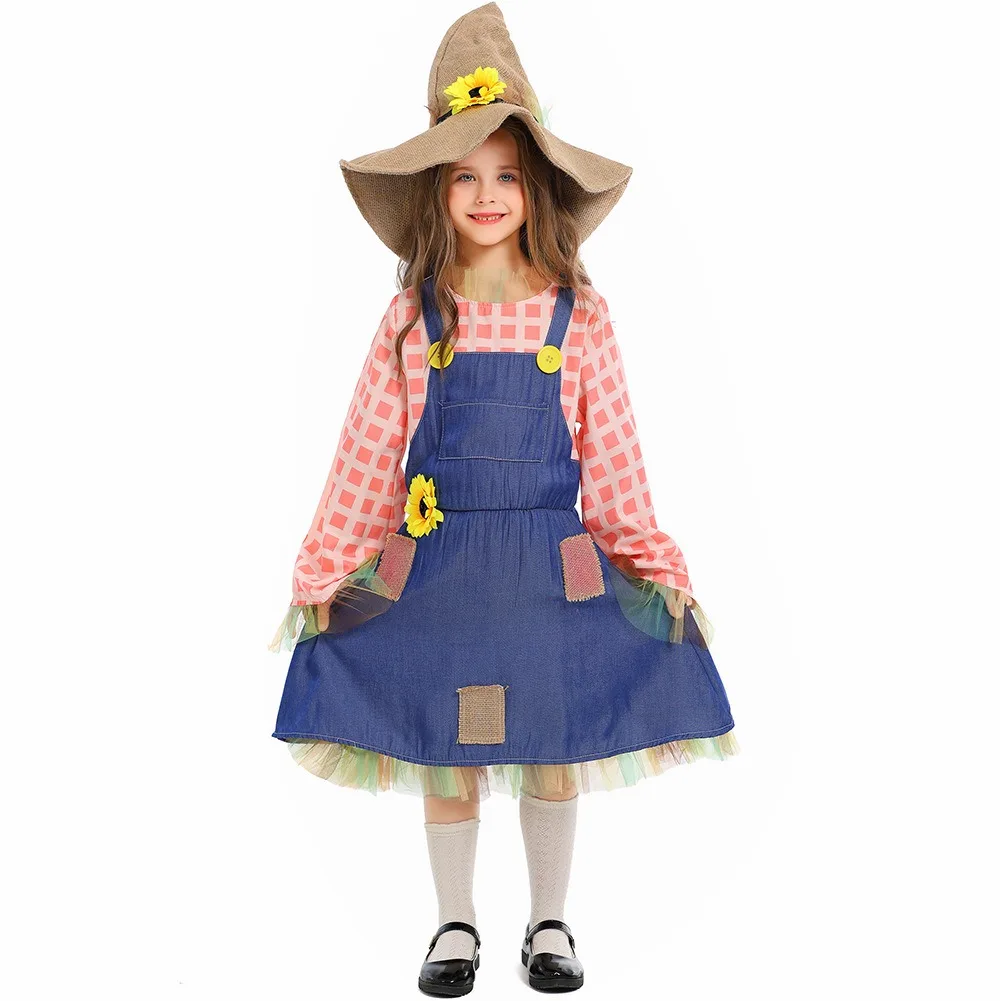 Halloween Sunflower Sweet Scarecrow Costume For Girls Kids Scarecrow Dress Outfit