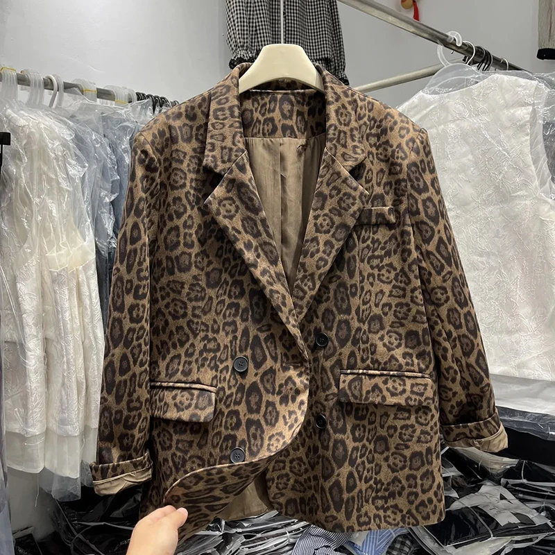 Fashion Leopard Print Blazer Women Autumn Loose Streetwear Double Breasted Casual Coat Korean Elegant Office Lady Suit Outerwear