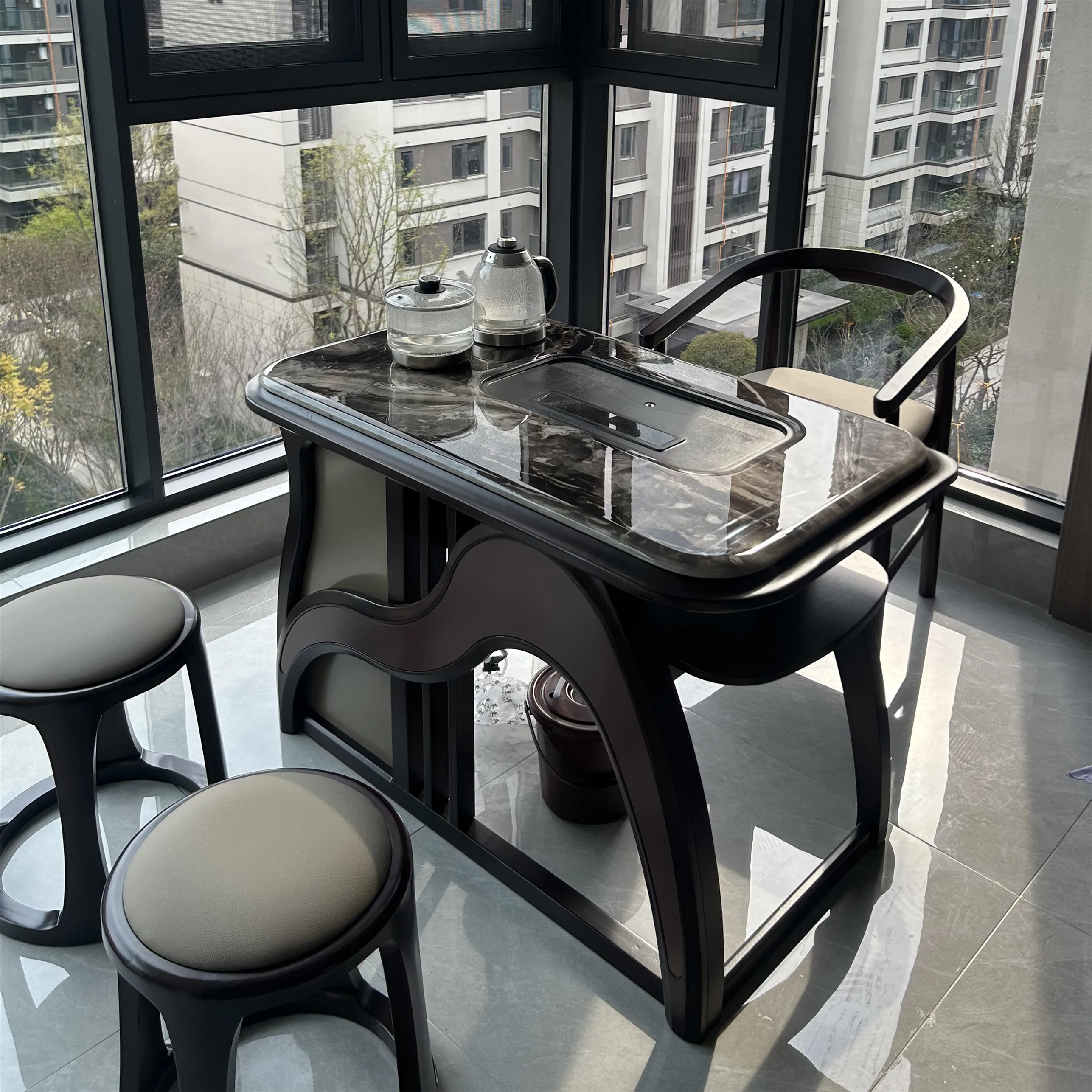 Combination of balcony tea tables and chairs, new Chinese style solid wood marble household use