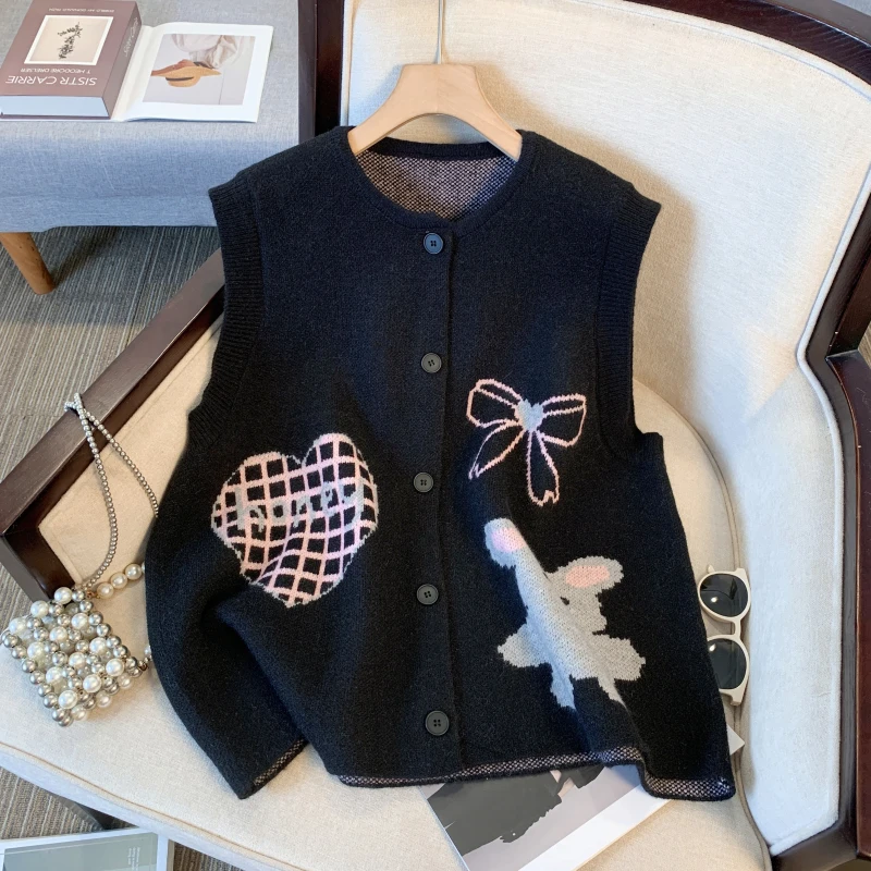 Bomon Casual cartoon Rabbit jacquard knitted waistcoat Cardigan women's new loose sleeveless sweater vest for autumn/Winter 2024