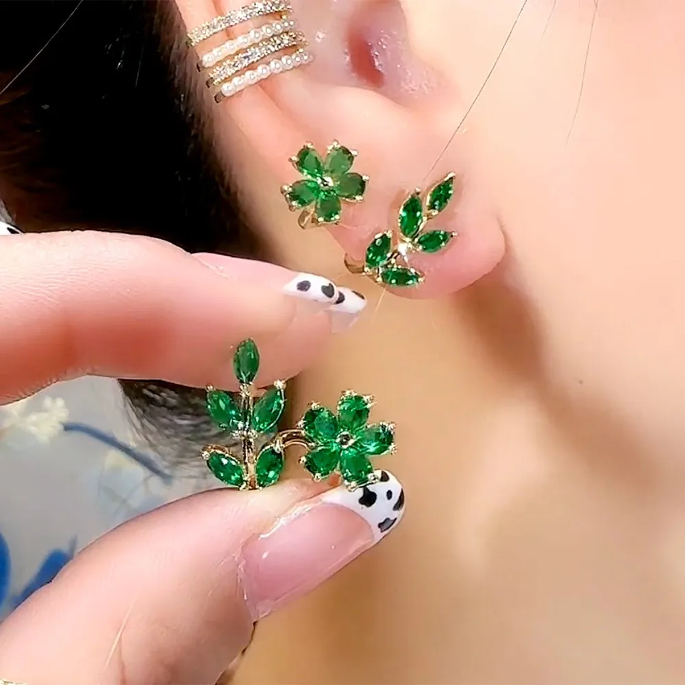 925 Silver Needle Green Crystal Flower Earrings For Women Korean Fashion Jewelry 2024 Trending Luxury Leaf Stud Earrings Z40