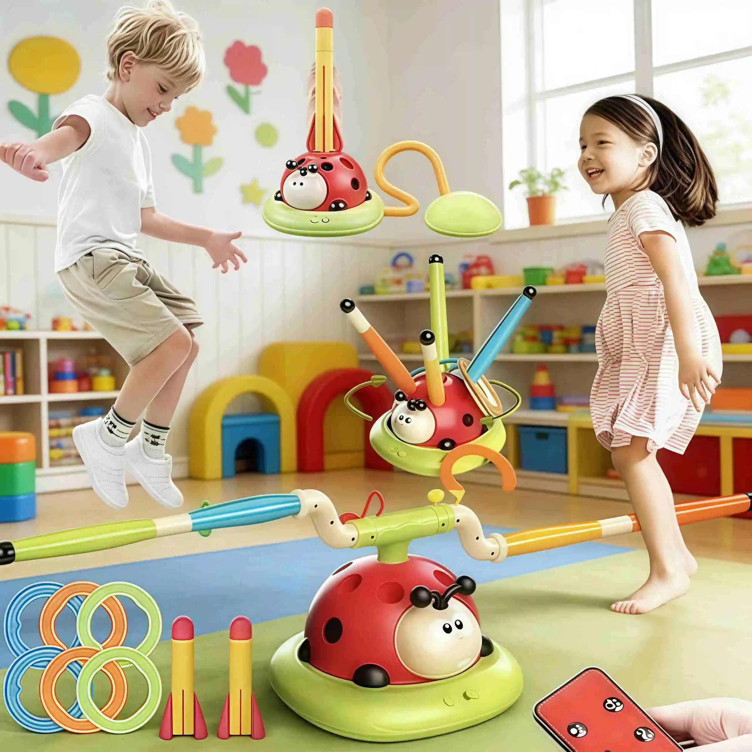 4-Mode Ladybug Toy with Rocket & Ring Toss, Develops Kids' Motor and Grasping Skills