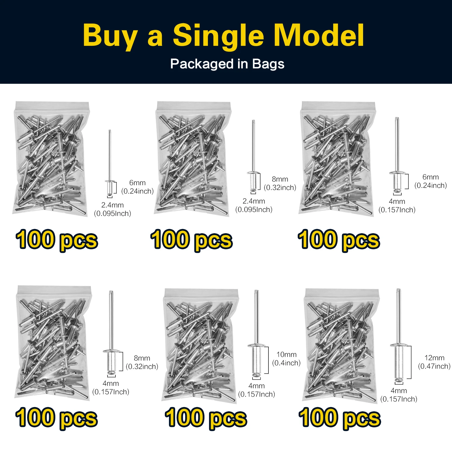 100pcs Pop Rivets Assortment Kit, 14 Sizes Aluminum Blind Rivets (3/32