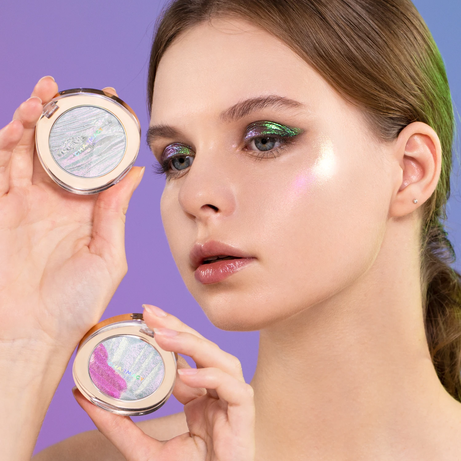 CHARMACY Duochrome Glitter Highlighter Powder 3D Contour Shiny Fairy Illuminate High Light Longlasting Easy to Wear Face Makeup