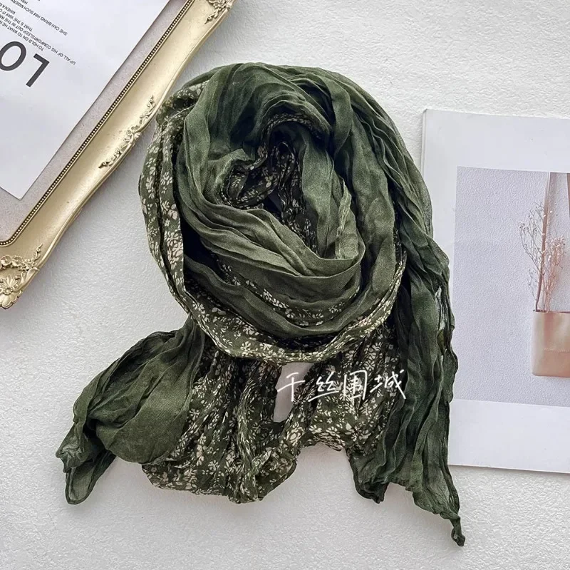 New Artistic Floral Retro Pleated Cotton Linen Scarf Thin Versatile Women\'s Scarves Paired Clothing Autumn Winter Fashion Trend