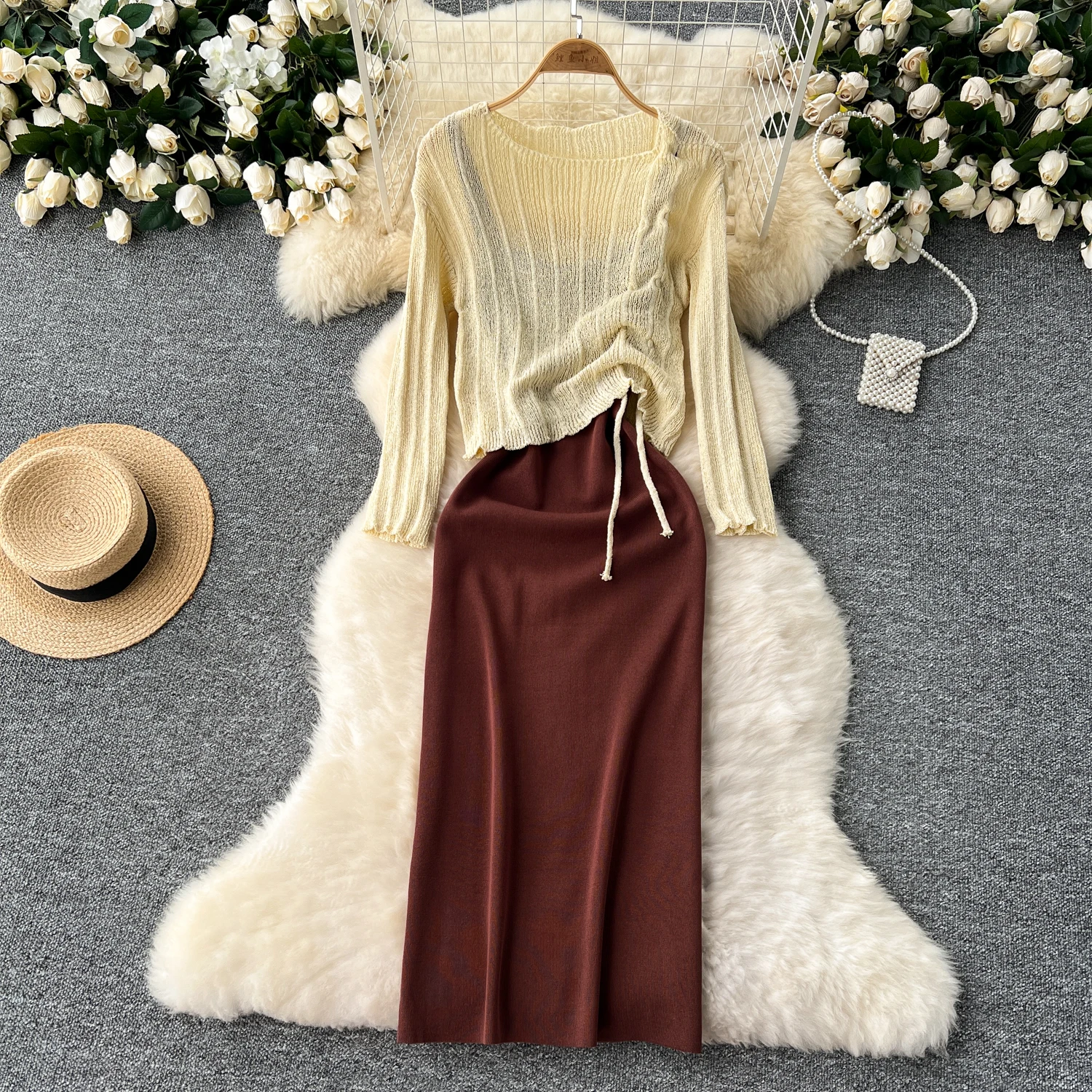 French Vintage Shirring lool sleeve slip knit overcoat with sweet slip A-line Chic Casual Vacation Women Summer dresses