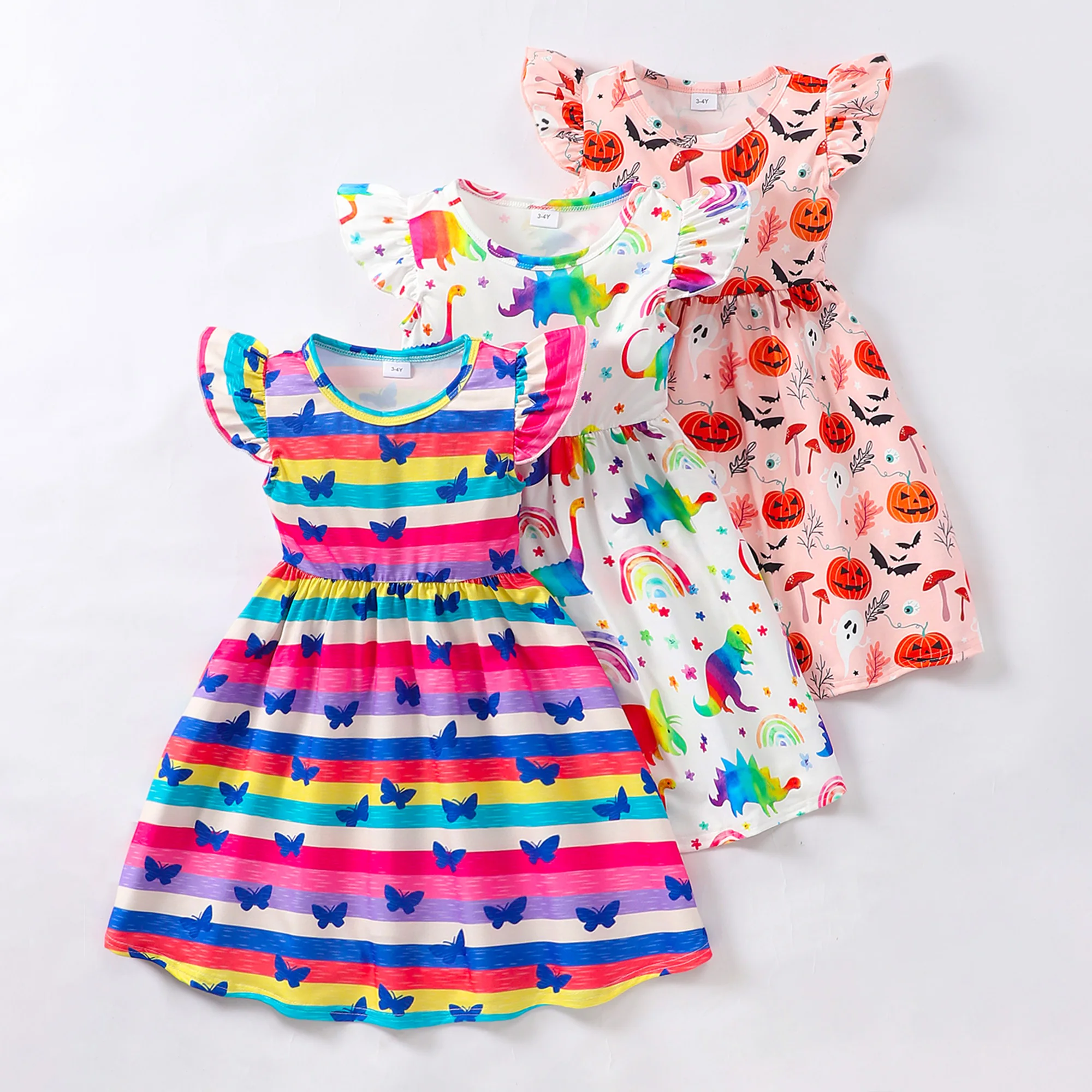 

3pcs/ Set Colorful Dinosaur Full Print Frill Sleeve Dresses For Girls Holiday Summer Casual Dresses, Girls Clothing, Gift