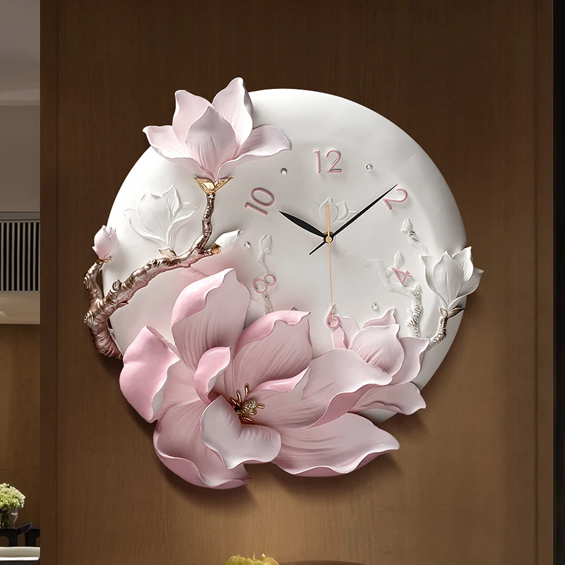 Modern Minimalist Luxury Embossed European Home Peony Wall Clock Ornament Livingroom Silent Mural Craft DecorationArt