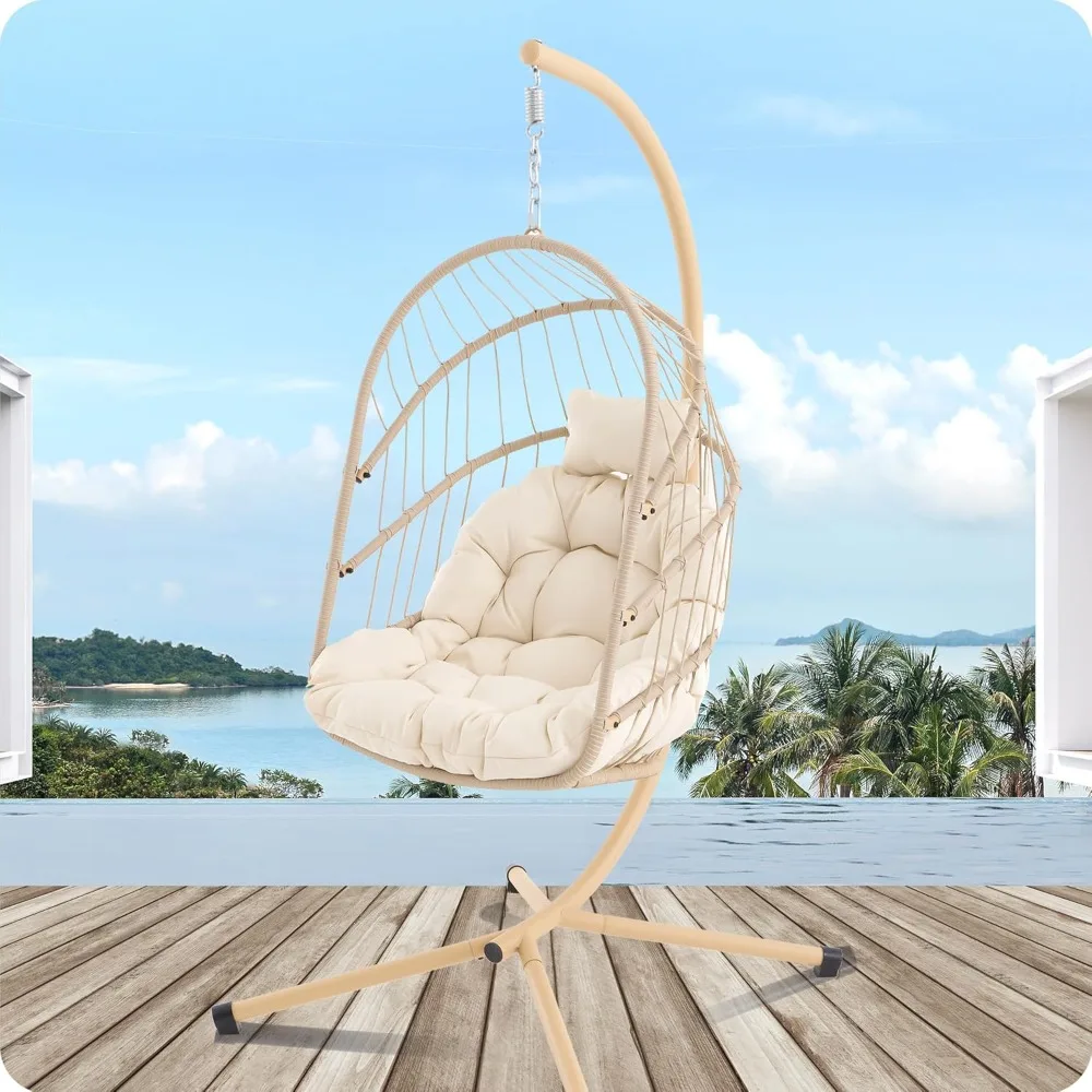 

Swing Egg Chair with Stand Foldable Hanging Egg Chair Indoor Outdoor Wicker Rattan Basket with UV Resistant Cushions for Bedroom