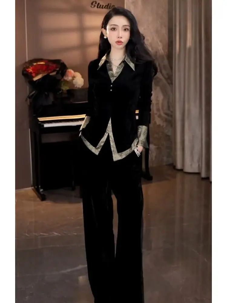 New High End Fashion Velvet Women's Two Piece Set Lapel Long Sleeve Patchwork Fake Two Piece Slim Shirt + Wide Leg Pants Suit