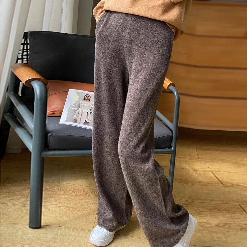 Autumn And Winter Thick Warm Fringe Pure Wool Pants Women's High Waist Thin Wide Leg Pants Casual Vertical Wool Straight Pants