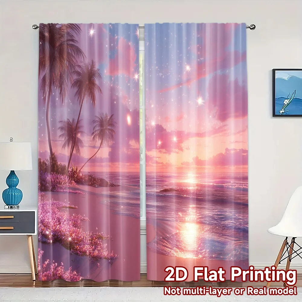 2pcs, 2D FLAT PRINTING Curtains (Without Rod) Pink Sunset Shore Popular Minimalist Curtains Yarn Curtains Decorations Suitable