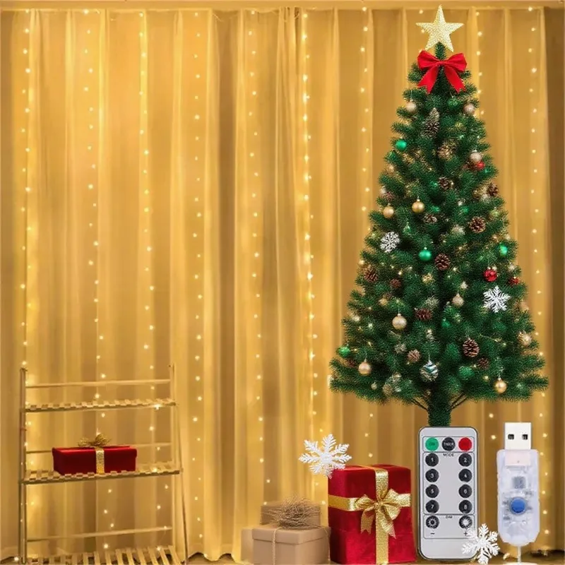 

2025 Рождественский декор комнаты USB занавески гирлянды с 8 режимами для встреч во дворе и новогодней вечеринки