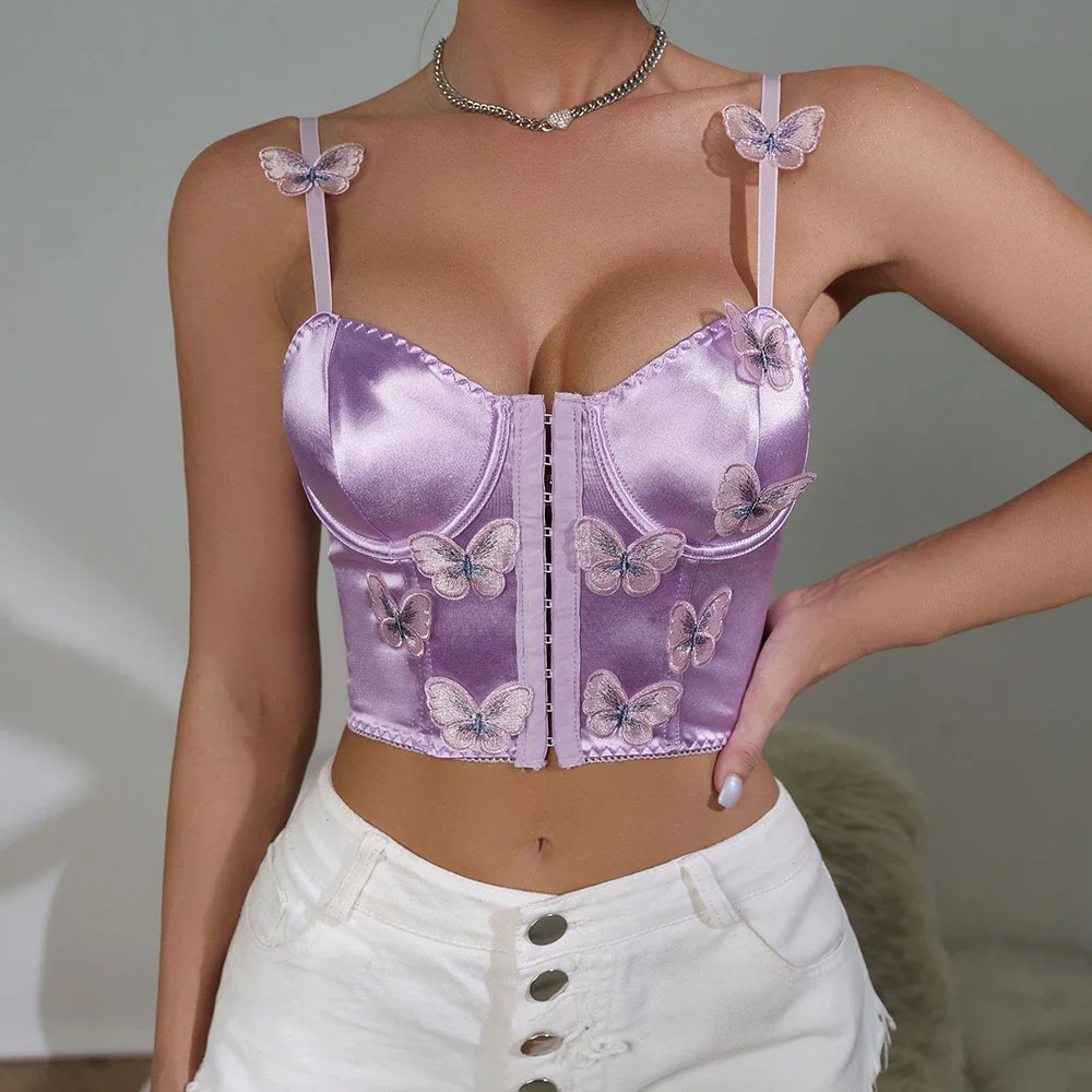 Hot Girl Outside Wearing Breast-binding Slim Front Buckle Camisole Tank Top Club Summer Ladies Crop Top