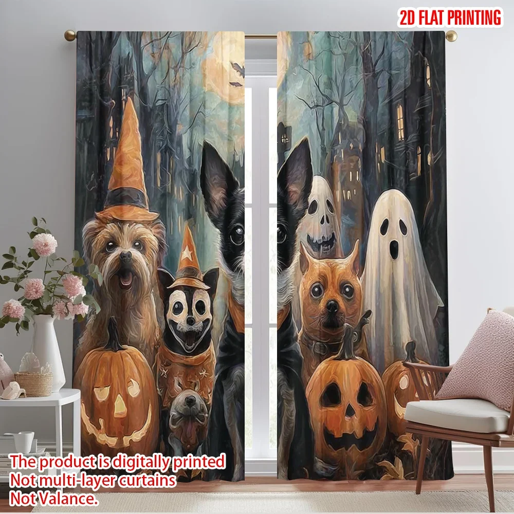 Cortinas con estampado plano 2D, 2 uds., Chihuahua Keji, mascota, ciudad fantasma, cabeza de calabaza, tela moderna de moda sin electricidad para fiesta