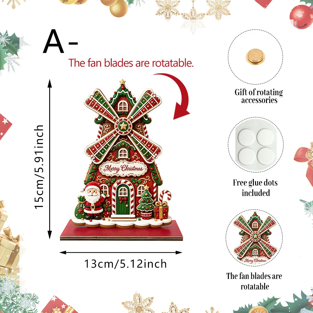 1PC Rotating Fan Blades Christmas Village House Ornament Gingerbread Style Santa Desktop Holiday Home Decor