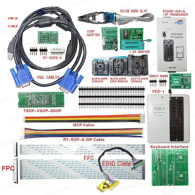 2026 RT809F Programmer All Adapters+IC Clip+Motherboard LCD Reader + PEB-1 + EDID + ISP-DuPont-Heade