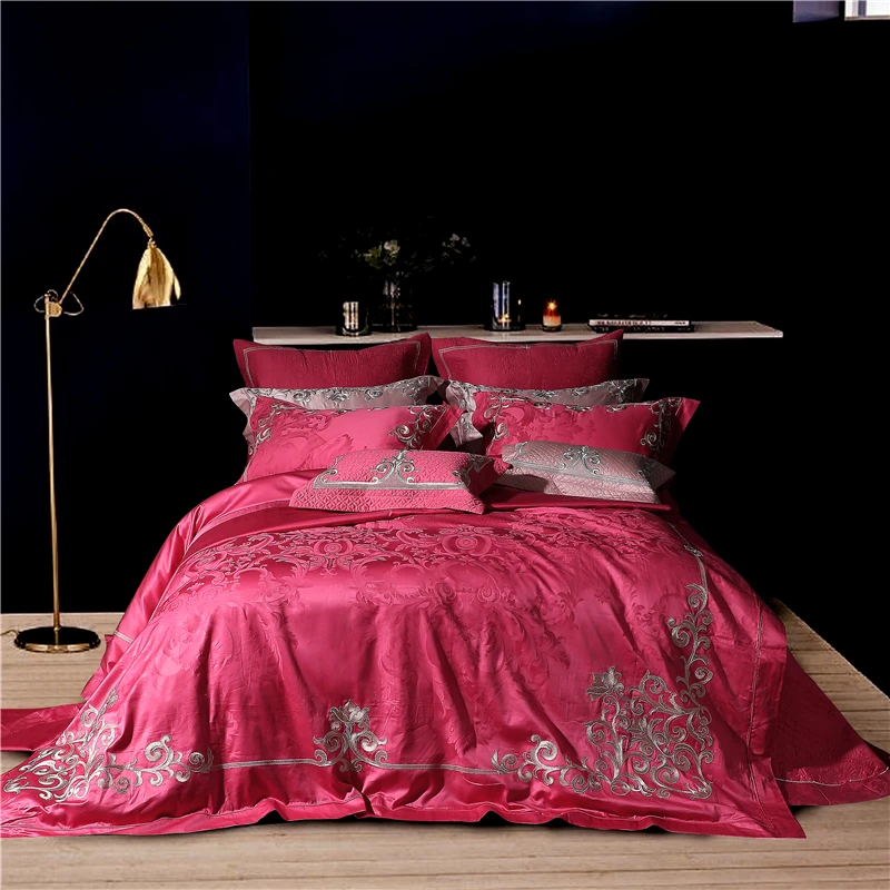 Gold Paisley Bedding Sets Rose Red Jacquard Embroidery 4/7Pcs Cotton Bedspread Bed Sheets Pillowcase Duvet Cover Cushion Cover