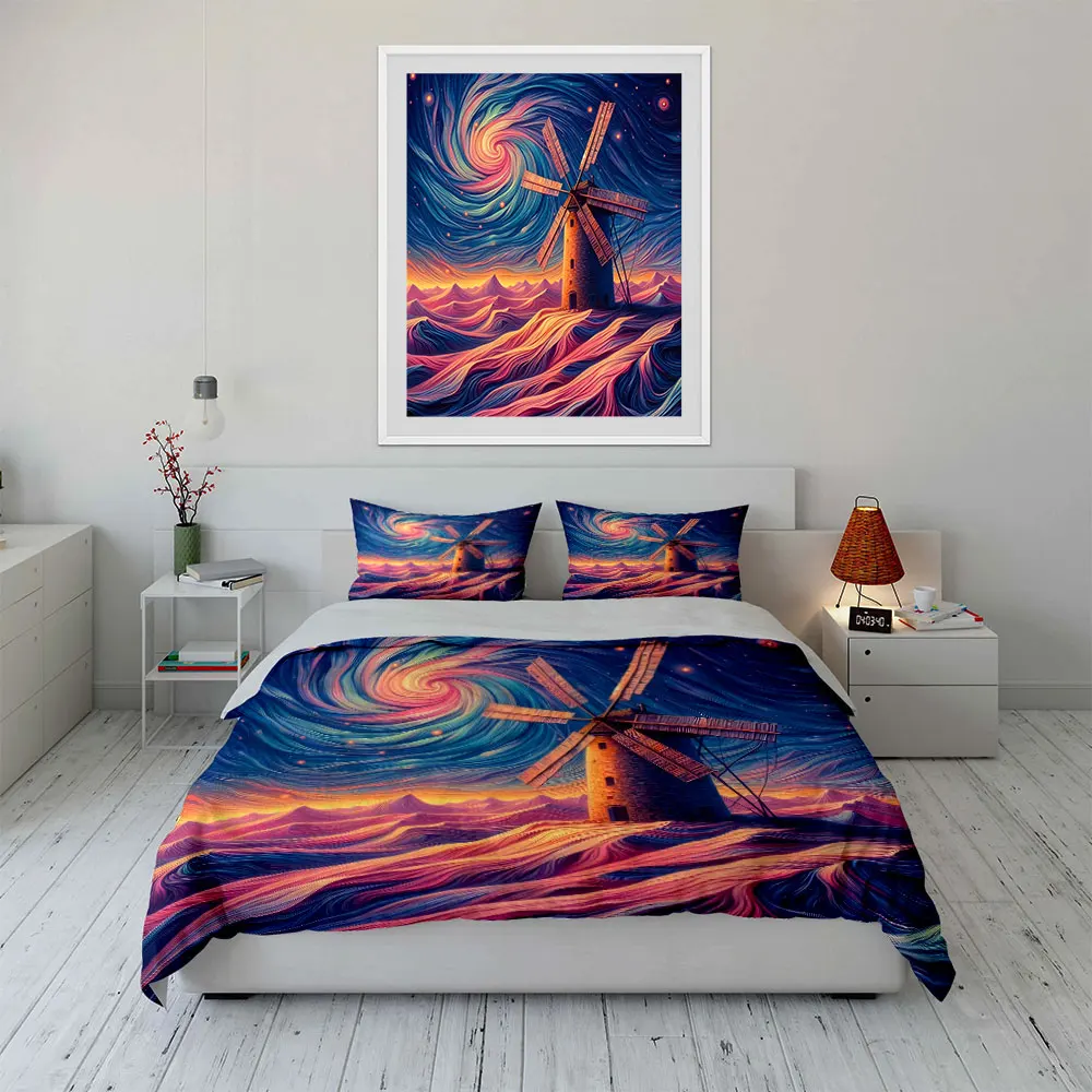 

"Starry Night Windmill Decor Set" Multiple sizes kid's and adults' bedroom Exquisite 3PC bedding set, gift