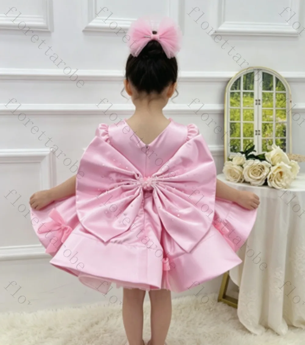 Customized Pink Satin Puff Sleeve Baby Girl Birthday Dress Multi‑Bow Decor V‑Neck Short Puffy Tutu Dress Wedding Birthday Party
