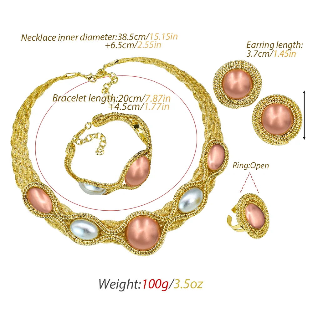 GZJPEI Luxury 3 Tone Jewelry Set Design Wave Bead 4Pcs Wedding Jewellery Italy Brazilian Party Jewelry For Mother Birthday Gift
