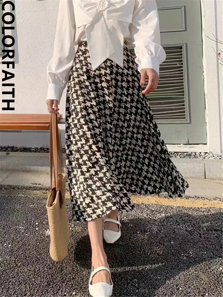 Colorfaith SK9643JM New 2024 Vintage High Waist A-Line Elegant Checkered Korean Fashion Wild Spring Summer Women Long Skirts