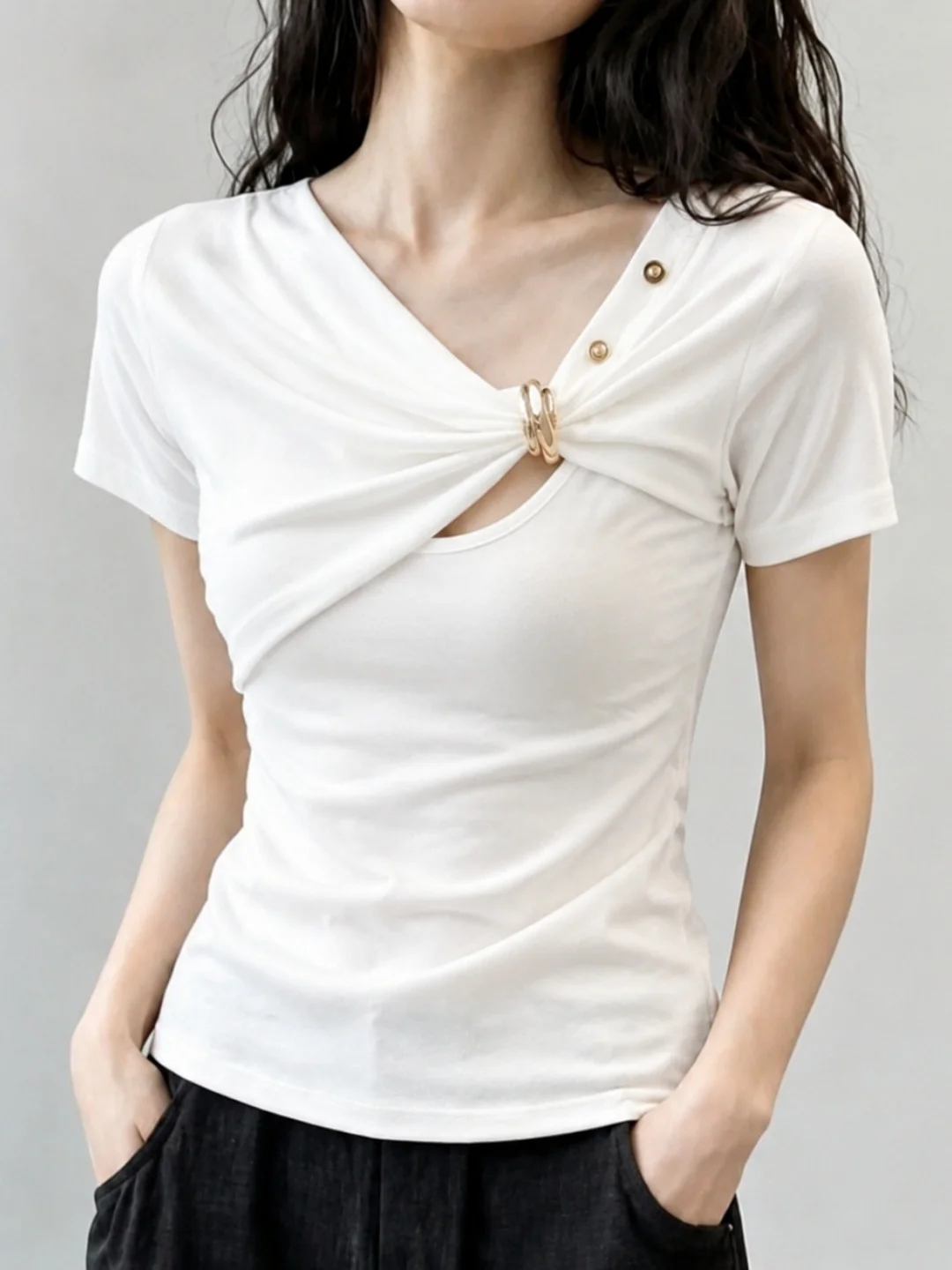 

Summer Soft Short Sleeve Knot Design Slim Fit Top Commute Style Simple Versatile Women's T-shirt Korean Version V-neck Tee