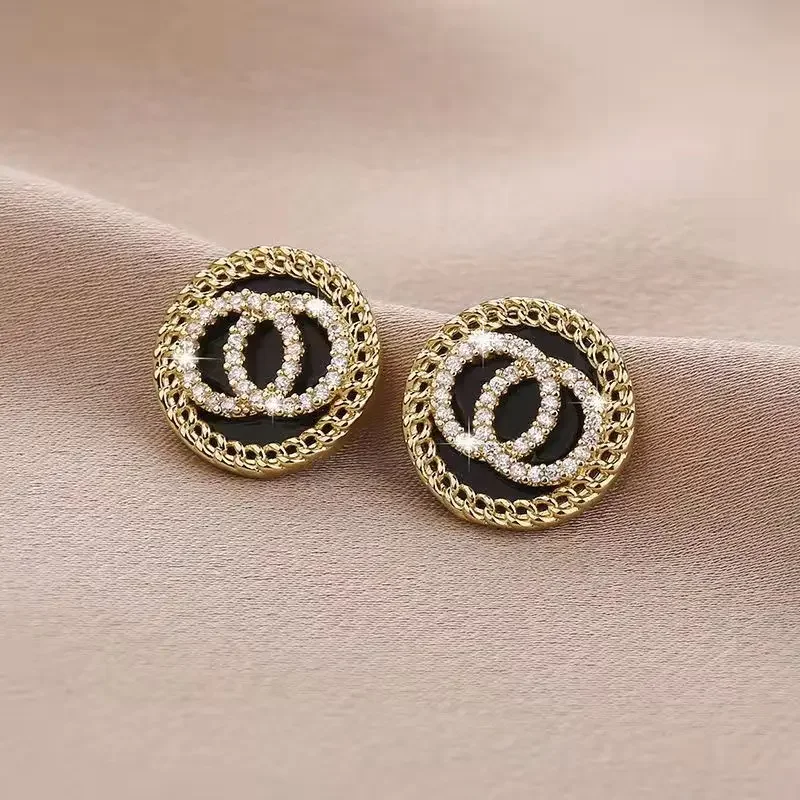 Korean Black Double Round Circles Stud Earring for Women Sweet Simple Enamel Crystal Jewelry Brincos Wholesale Girl Gift