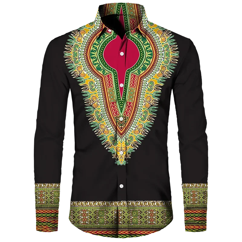 African Dashiki Print Men's Turn-down Collar Button Shirts Casual Long Sleeve Tops Apparel Ethnic Style Streetwear Shirt Clothes