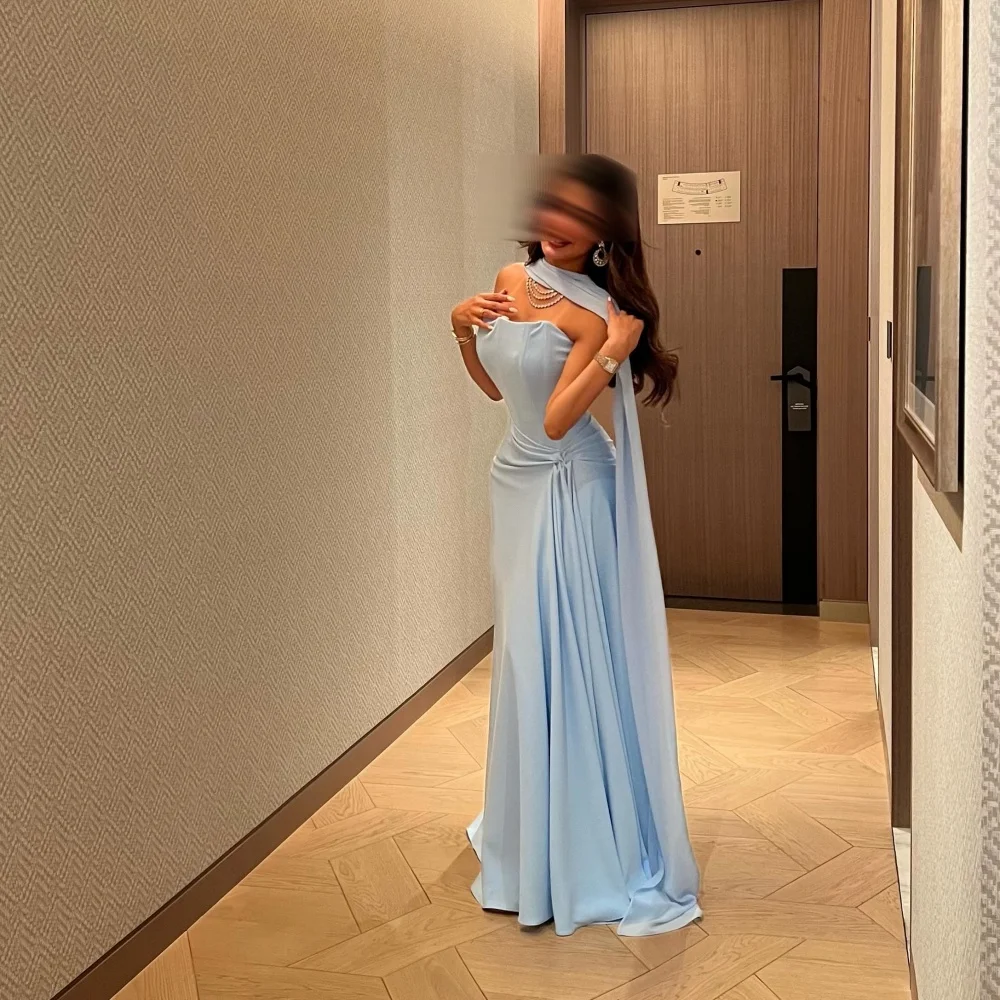Cathy Aqua Blue Long Scarves Strapless Wedding Dresses Chiffon vestidos de noche Floor-Length Customized Formal Evening 2024