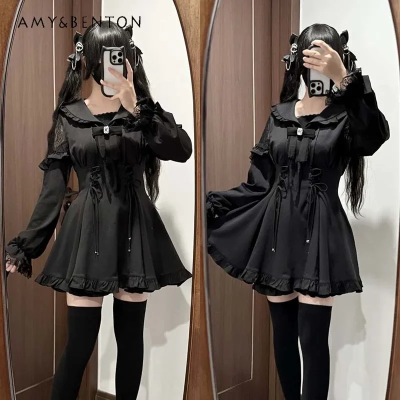 Lolita Style Dress Sets Japanese Mine Series Mass Production Lace Off-Shoulder Long Sleeve Slim Dress Shorts Two-piece Set Women