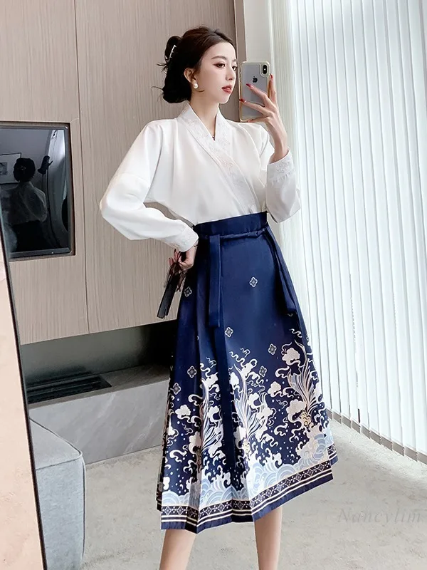 New Chinese Style Improved Horse-Face Skirt for Women 2024 Spring and Summer Daily Commuter Hanfu Skirts Lady Street Outfits