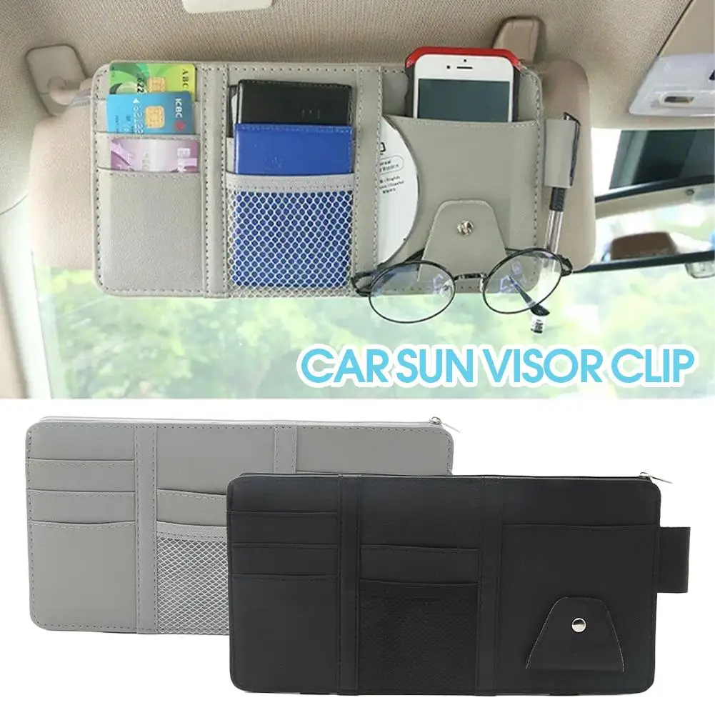 Organizador multifuncional para parasol de coche, gafas de cuero PU, billete con cremallera/tarjeta de visita/bolsa de identificación sin bloqueo de visión para SUV/T B0V2